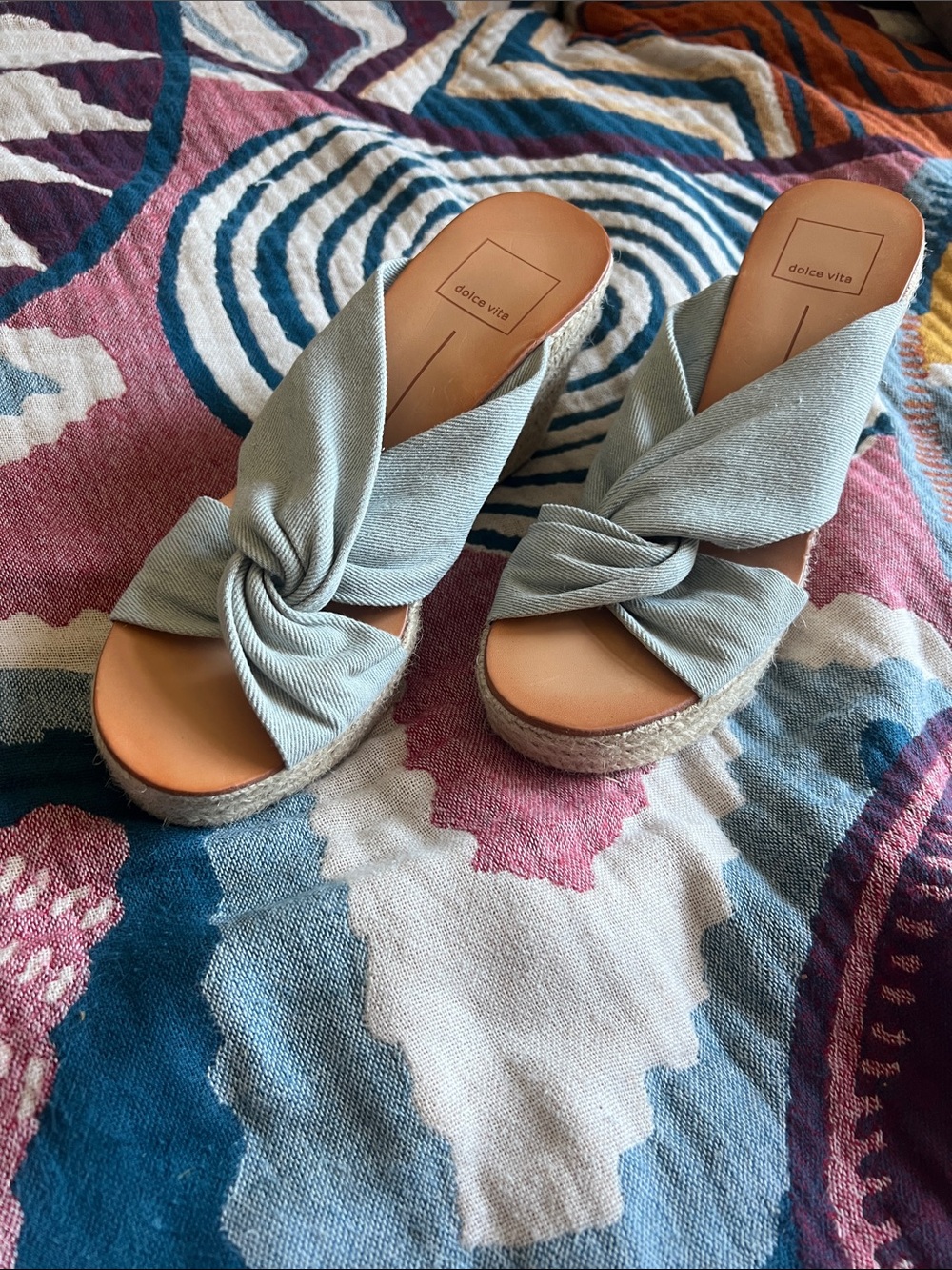 Dolce Vita Light Blue Denim Twisted Espadrille Wedge Slides - Picture 4 of 10